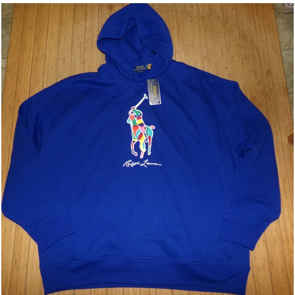 Polo Ralph Lauren XXL The Big Fit Hoodie Royal Blue Multi Color Big Pony NWT